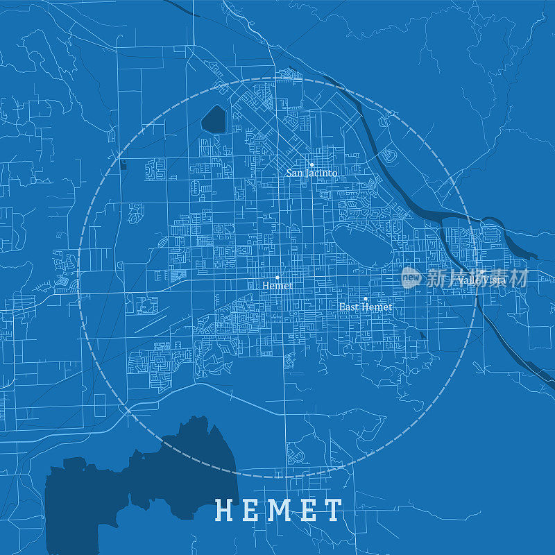 Hemet CA城市矢量道路地图蓝色文本